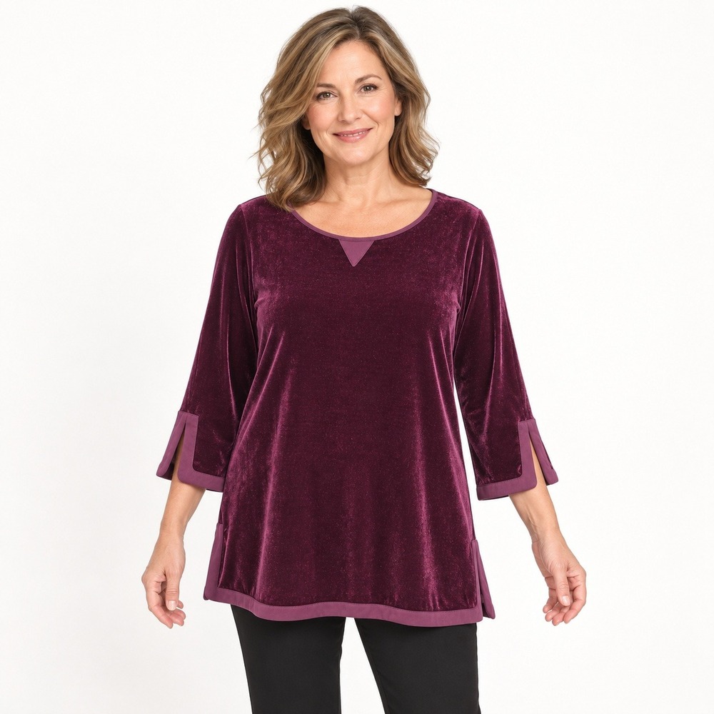 Soft Surroundings Women's PM Plum Velvet Tunic Split 3/4 Sleeve Top